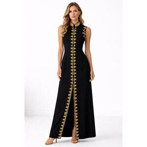 1970s Black Maxi Dress Gold Embellished Folk Boho Medium